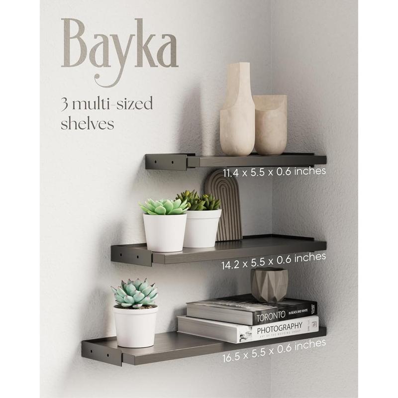 The Wall Shelves for Bedroom Decor,Floating Shelves for Wall Storage,Wall Mounted Rustic Wood Shelf for Books,Plants,Small Wall Shelf for Bathroom,Kitchen,Living Room(Black,Set of 3) Wooden