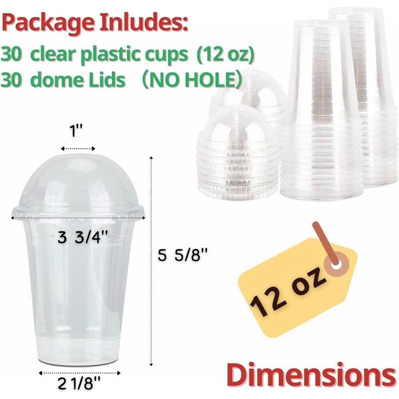 12 oz Clear Plastic Cups with Dome Lids (No Hole) - 30 Sets! PET Disposable Dessert Cups for Ice Cream, Iced Cold Coffee, Cupcake, Fruit Cups. Great for bday Party with Nice Sealing.