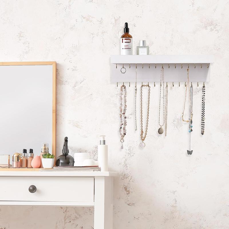 Necklace Holder Wall,  Holder Organizer Wall with 30  Hooks and Shelf, Wooden Hanging Necklace Hanger Organizer Wall Mount for Necklaces Bracelets, and Chains White