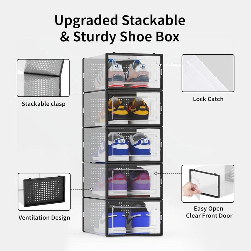 12 Pack Shoe Storage Bins, Clear Plastic Stackable Shoe Organizer for Closet, Space Saving Foldable Shoe Rack, Shoe Box Sneaker Holder Container, Black Frame