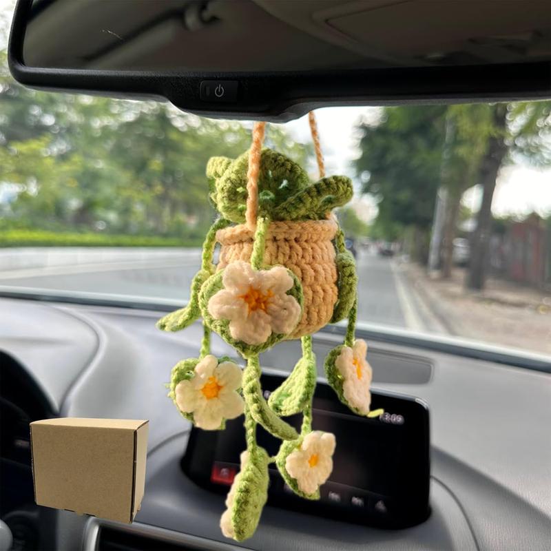 Cute Crochet Hanging Succulent Plant for Car, Aesthetic Decor Car Rear View Mirror Hanging Ornament Accessories for Women and Men, Handmade Cute Car Interior Decor Accessories Gift