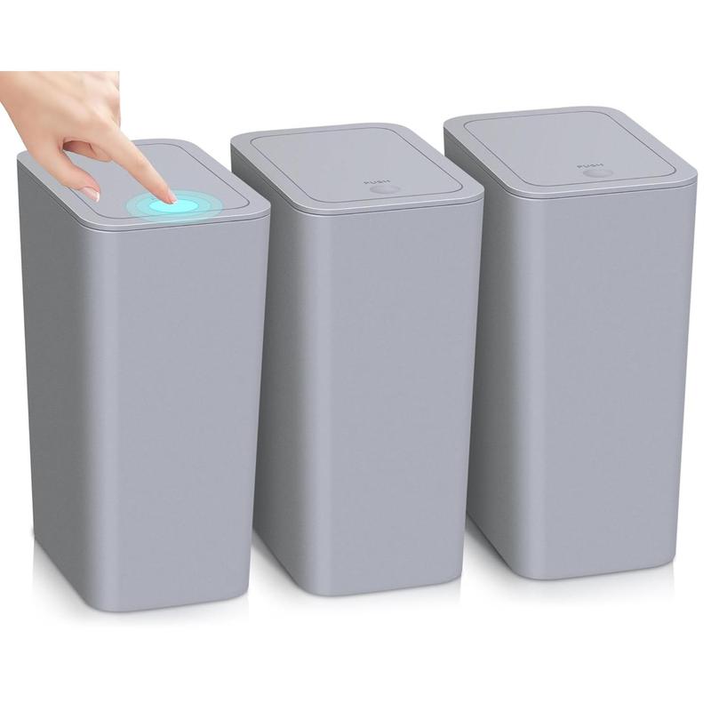 3 Pack Bathroom Small Trash Can with Lid,10L   2.6 Gallon Slim Garbage Bin Wastebasket with Pop-Up Lid for Bedroom, Office, Kitchen,Dorm, Fits Under Desk