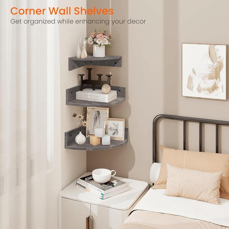 Corner Floating Shelves, Set of 3 Corner Wall Shelves for Storage and Display, 3 Tier Wood Hanging Shelf Organizer for Cable Box, for Bedroom, Bathroom, Kitchen, Rustic Grey