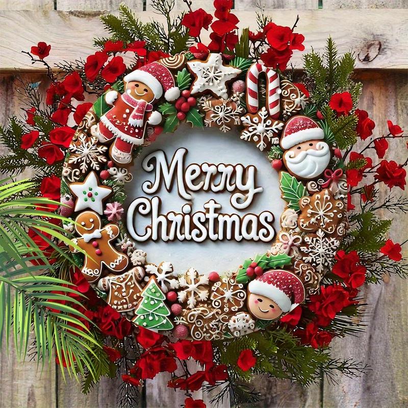 Merry Christmas Gingerbread Design Round Sign, 1 Count Candy & Cookies & Santa Claus & Stars Xmas Wood Porch Wreath, Wall Hanging Decor, Home Decor