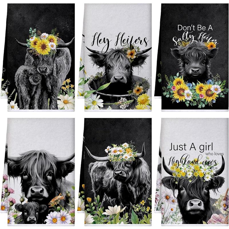 Set of 6 Highland Cow Kitchen Towels Hello Heifers Tea Towels Absorbent Dish Towels 24 x 16 Inches Kitchen Gifts Just Who Loves Cow Hand Towels