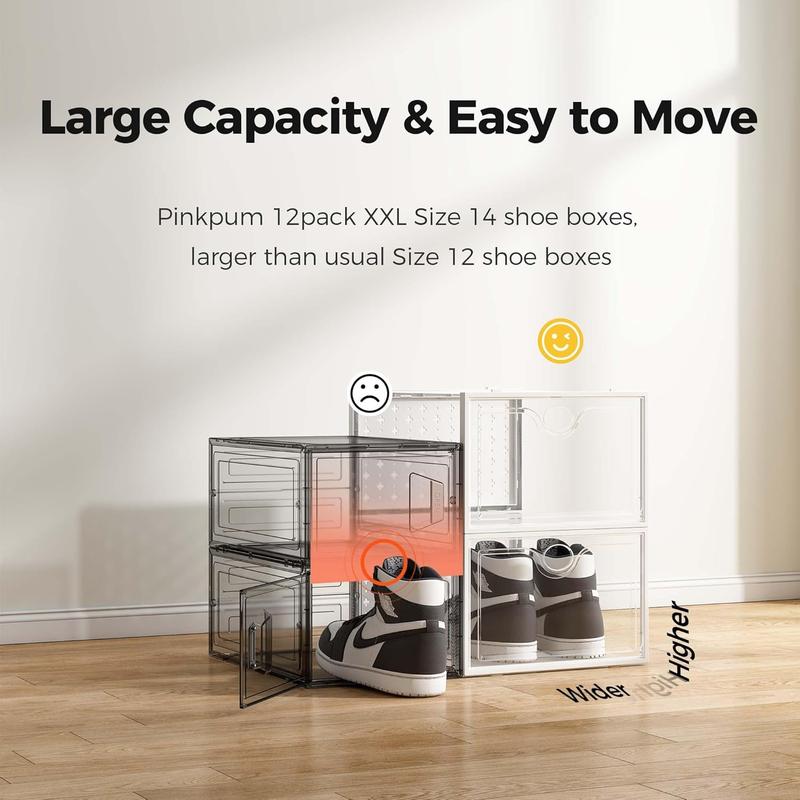 XXL Larger Shoe Storage Boxes Fit Size 14, Clear Plastic Stackable Shoe Organizer 12 Pack Sneaker Storage for Sneakerheads Shoe Containers