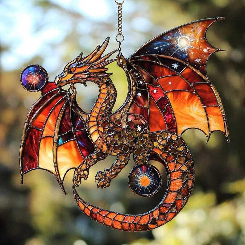 Red Dragon Acrylic Window Hanging, Fantasy Art Wall Decor, Halloween Gift for Kids, Animal Ornament for Home and Living Room Decoration