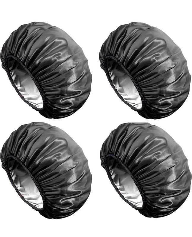 Shower Cap, Extra Large Shower Cap for Men, Satin EVA Double Layer Waterproof Reusable Hair Cap for Women Long Hair(All Black 4 Pack)