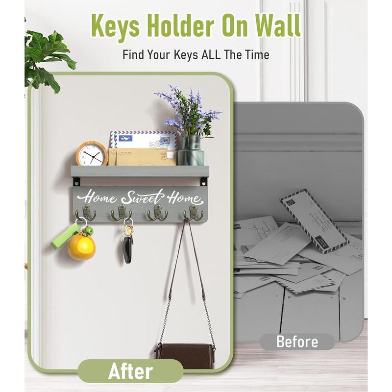 Key Holder Wall-Mounted Key and Mail Holder, Wooden Key Rack Key Holder for Wall with 4 Double Key Hooks, Rustic Wall Home Decor for Entryway(Gray) Shelves