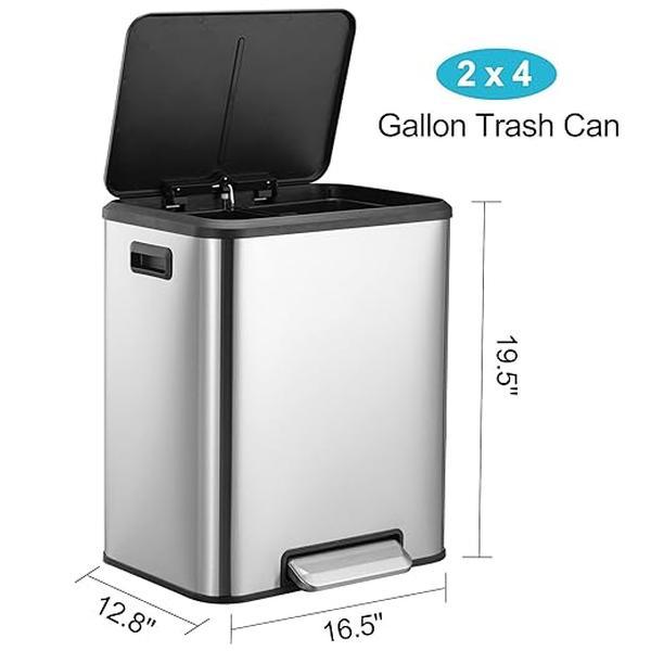 8 Gallon Kitchen Trash Can, Dual Removable Liners for Recycling and Trash, Stainless Steel Shape Dual Trash and Recycling Bin (4 + 4 for 8 Gallon Total), Rectangle, Silver