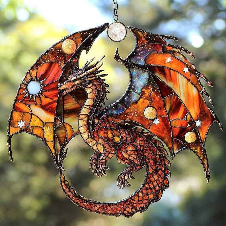 Red Dragon Acrylic Window Hanging, Fantasy Art Wall Decor, Halloween Gift for Kids, Animal Ornament for Home and Living Room Decoration