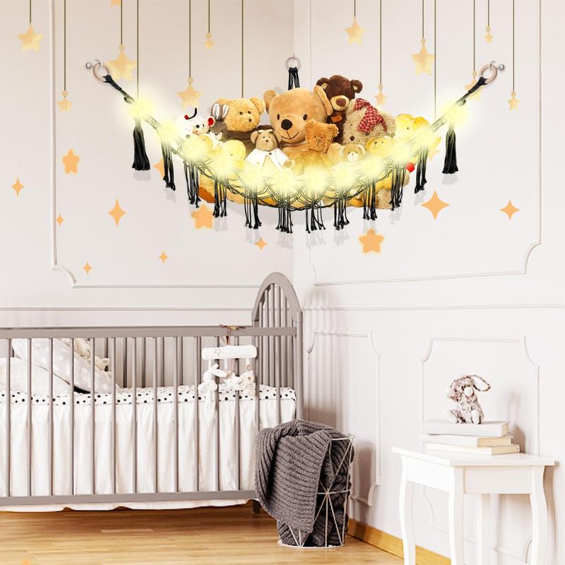 Boho Cotton Handmade Stuffed Animal Holder with LED Light String and Enlarge Stuffed Animal Net - Organiser Wooden Decoration Cotton Hanging Christmas