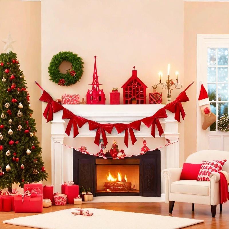 7 Feet Red Bow Garland for Festive Home Decorations - Banner door decor affordable  garland