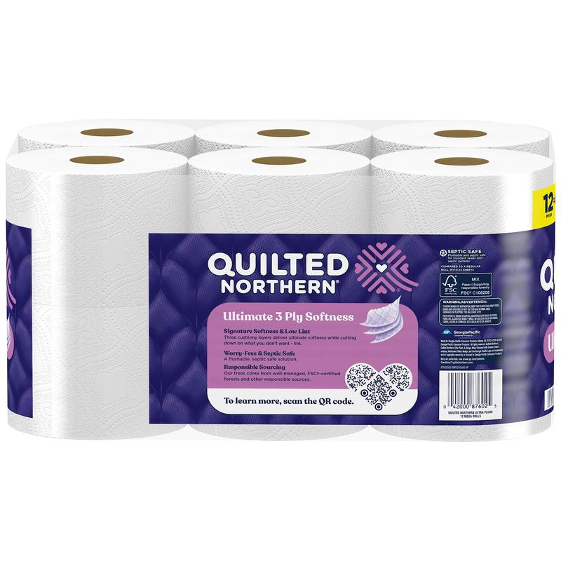 Quilted Northern Ultra Plush 3-Ply Toilet Paper, 12 Mega Rolls - Soft and Absorbent - Wipes