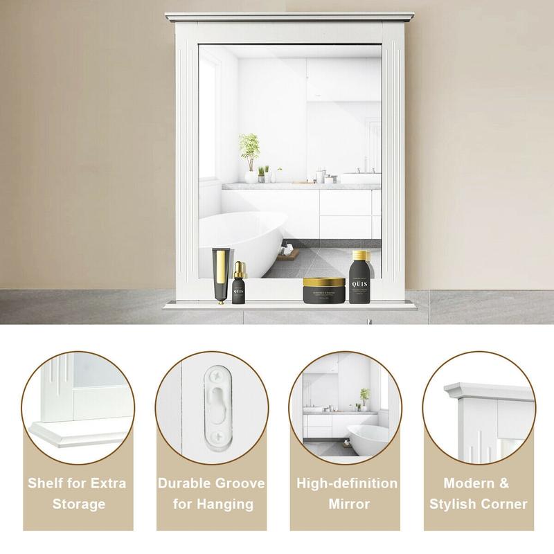 FestivalJoy-Wall-Mounted Multipurpose Vanity Mirror with Shelf-White Decor Waterproof Installation