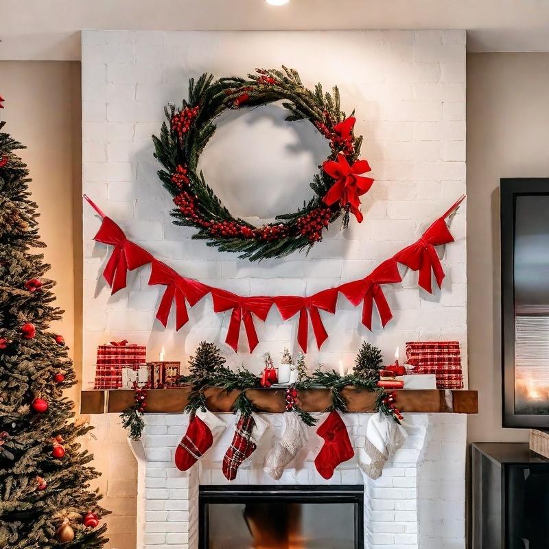 7 Feet Red Bow Garland for Festive Home Decorations - Banner door decor affordable  garland