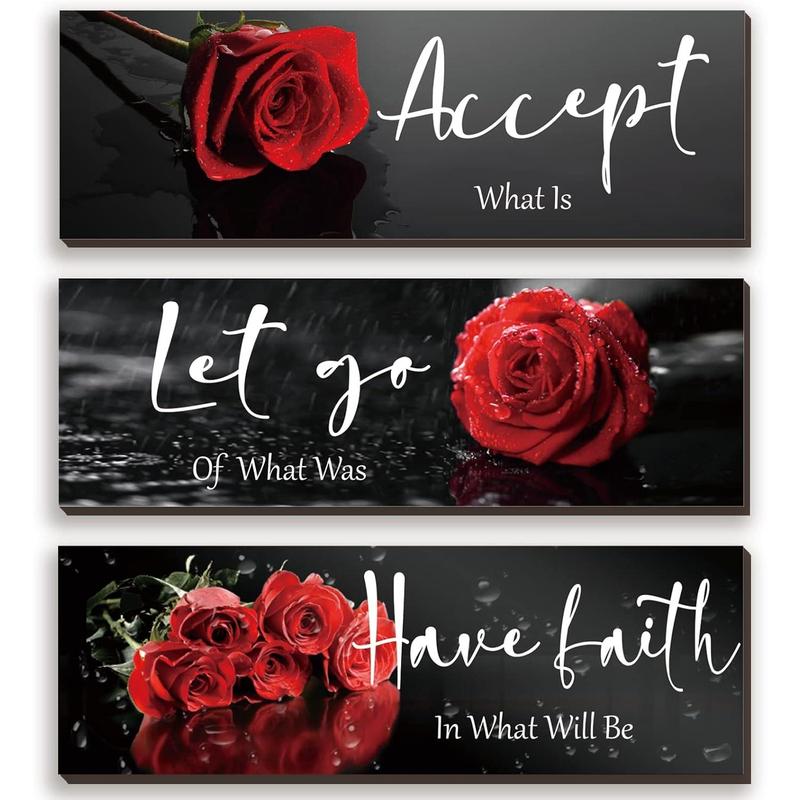 3 Pcs Red Decor Flower Inspirational Wooden Wall Art Red Roses Decor Office Wall Decor with Accept Let Go Have Faith Positive Quotes for Girl Women Bathroom Living Room Bedroom(Red Rose12 x 4 Inch) Decoration Hanging