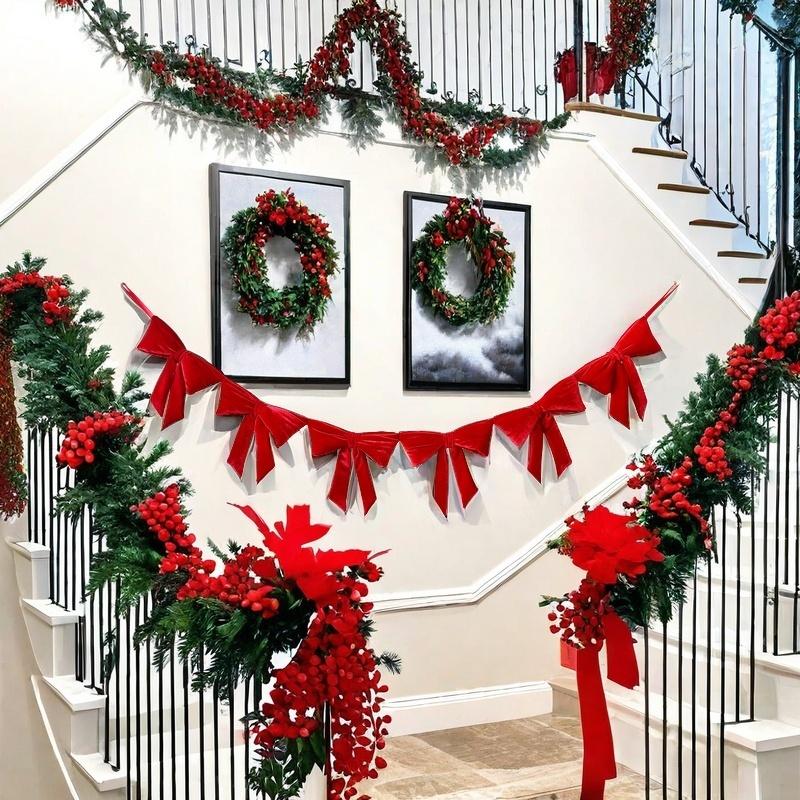 7 Feet Red Bow Garland for Festive Home Decorations - Banner door decor affordable  garland