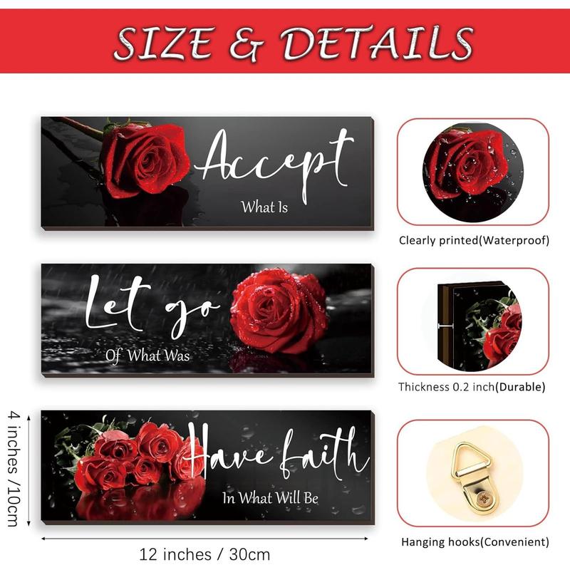 3 Pcs Red Decor Flower Inspirational Wooden Wall Art Red Roses Decor Office Wall Decor with Accept Let Go Have Faith Positive Quotes for Girl Women Bathroom Living Room Bedroom(Red Rose12 x 4 Inch) Decoration Hanging