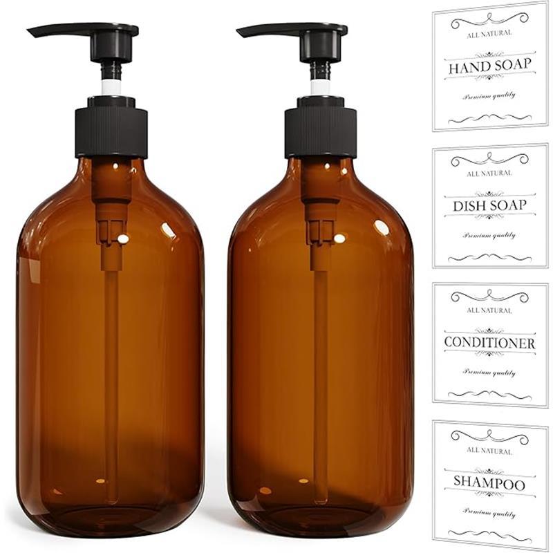 2PCS Amber Dish Soap Dispenser for Kitchen (16 Oz), Brown Hand Soap Dispenser for Bathroom, Plastic Soap and liquid Dispenser Set with Rust Proof Pump, Refillable Soap Pump Bottles, Waterproof Labels