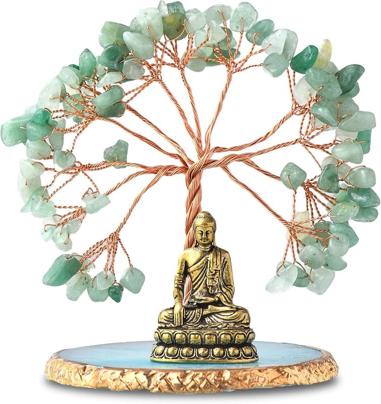 Buddha Statue with Healing Crystal Tree, Tree of Life for Positive Energy. Home Decor Yoga Meditation. Green.(B)