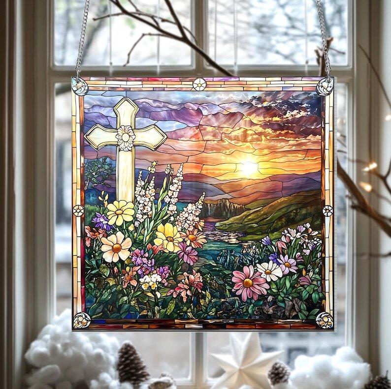 Wildflowers Cross Sunset Acrylic Suncatcher, Christian Suncatcher Decoration, Home Decoration, Christian Cross Gifts, Jesus Christmas Gift