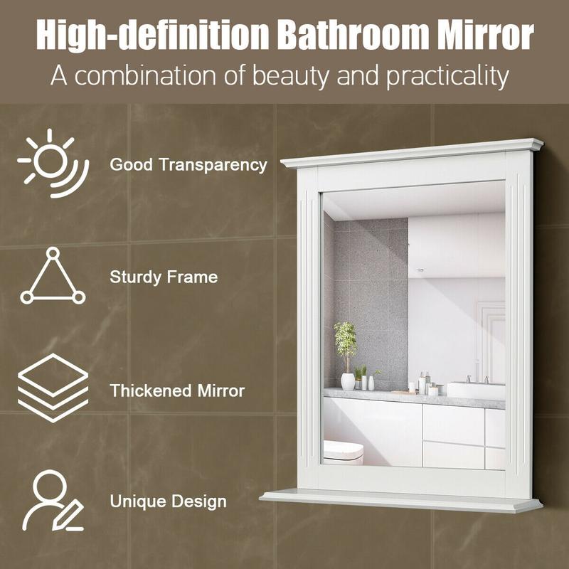 FestivalJoy-Wall-Mounted Multipurpose Vanity Mirror with Shelf-White Decor Waterproof Installation