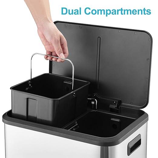 8 Gallon Kitchen Trash Can, Dual Removable Liners for Recycling and Trash, Stainless Steel Shape Dual Trash and Recycling Bin (4 + 4 for 8 Gallon Total), Rectangle, Silver