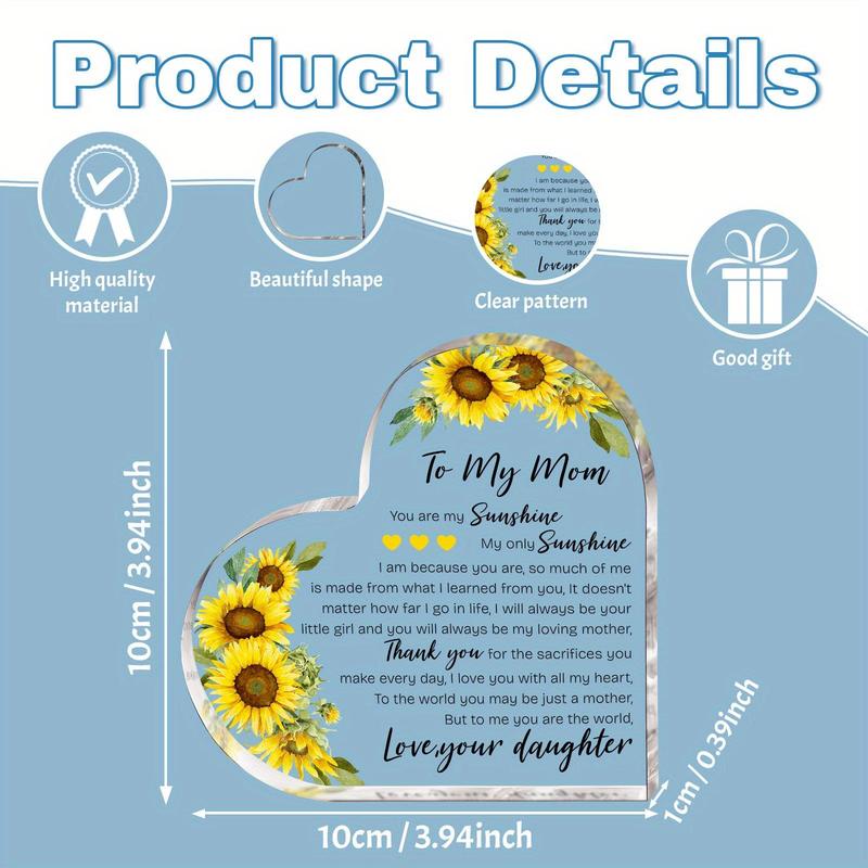 Sunflower Pattern Acrylic Heart Shaped Ornament, 1 Count Creative Inspirational Gift for Mom, Commemorative Decorative Gift for Home Office Desk