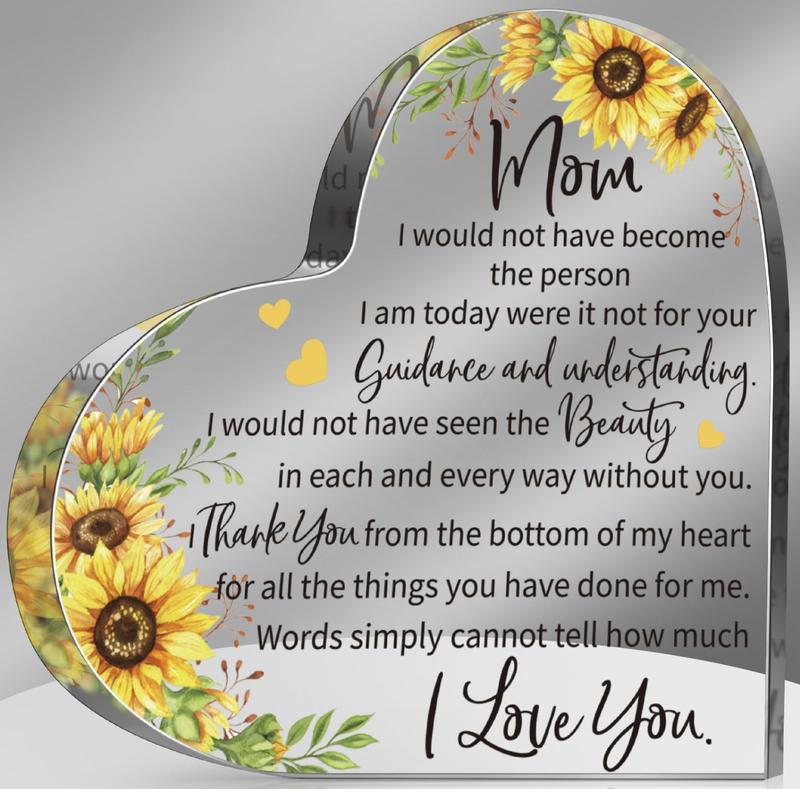 Mom Gift Dad Gift Mother in Law Gift Bonus Mom Gift Acrylic Heart Mothers Dads Plaque Gifts Grateful Birthday Gifts for Mom Dad Acrylic Best Mom Dad Sign Acrylic Heart Sign (Mom Sunflower)