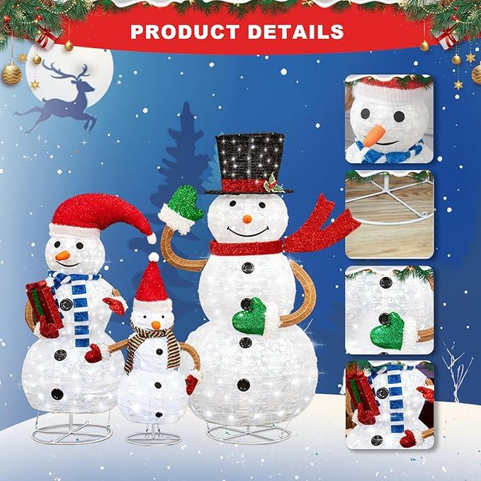 DKLGG 3 Piece Lighted Snowman Christmas Decorations, Outdoor Pop-up 2FT 3FT 4FT High Snowman w 210 Lights, Snowman Family