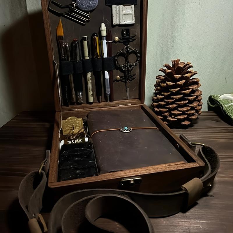 Vintage Wooden Storage Box For Writers, Outdoor Sketching, Keepsake Storage Portable Messenger Bag with Lid for Tools and Keepsakes. Organiser