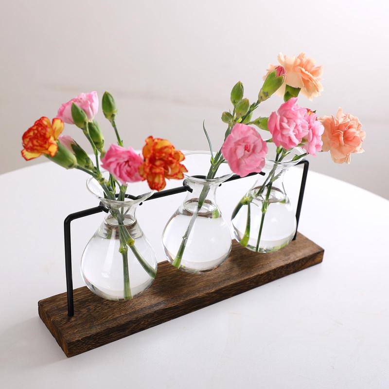 Glass Vase with Wooden Stand, Creative Flower Arrangement Vase, Desktop Decorative Vase for Home Office Decor, Gift for Plant Lovers Women