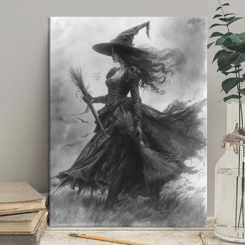 Witch Pattern Framed Painting, 1 Count Creative Canvas Wall Art, Halloween Modern Wall Decor for Home Living Room Bedroom Study Room