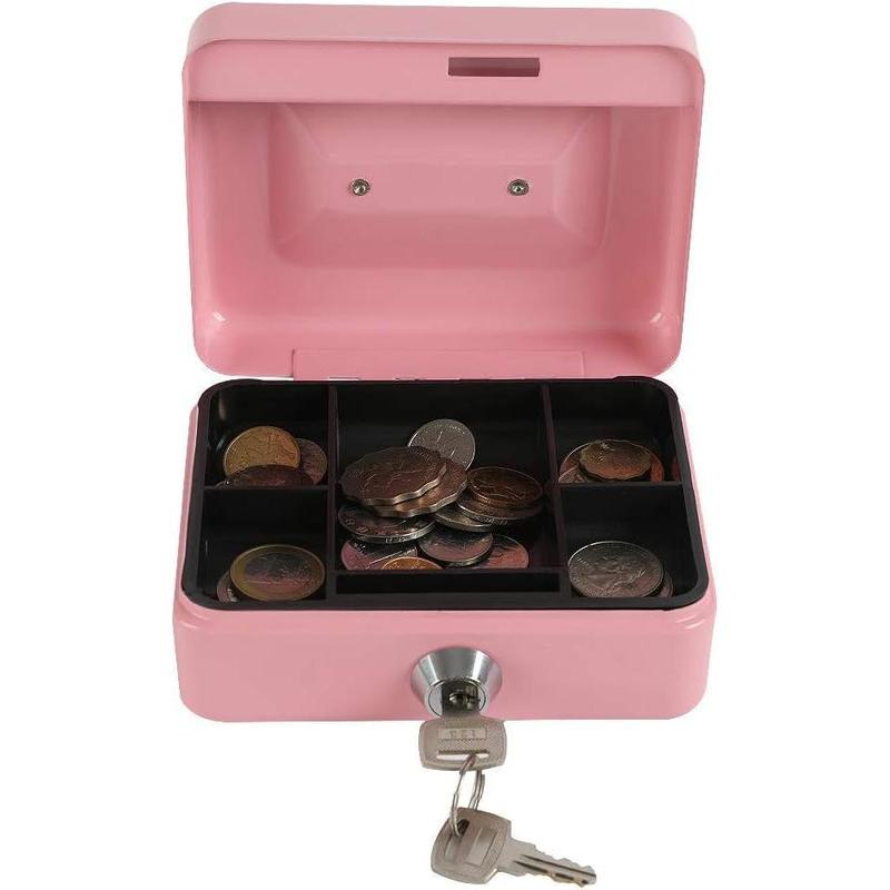 Adorable Pink Locking Steel Mini Cash Box - with Removable Coin Tray and Key Lock, Measuring 4.92