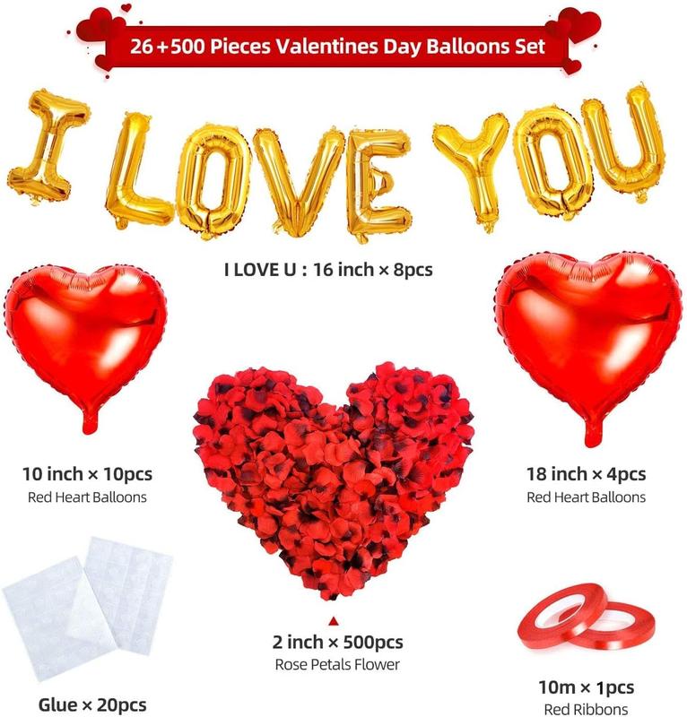 I Love You Balloons and Heart Balloons Kit with Rose Petals, Valentines Day Decorations for Party