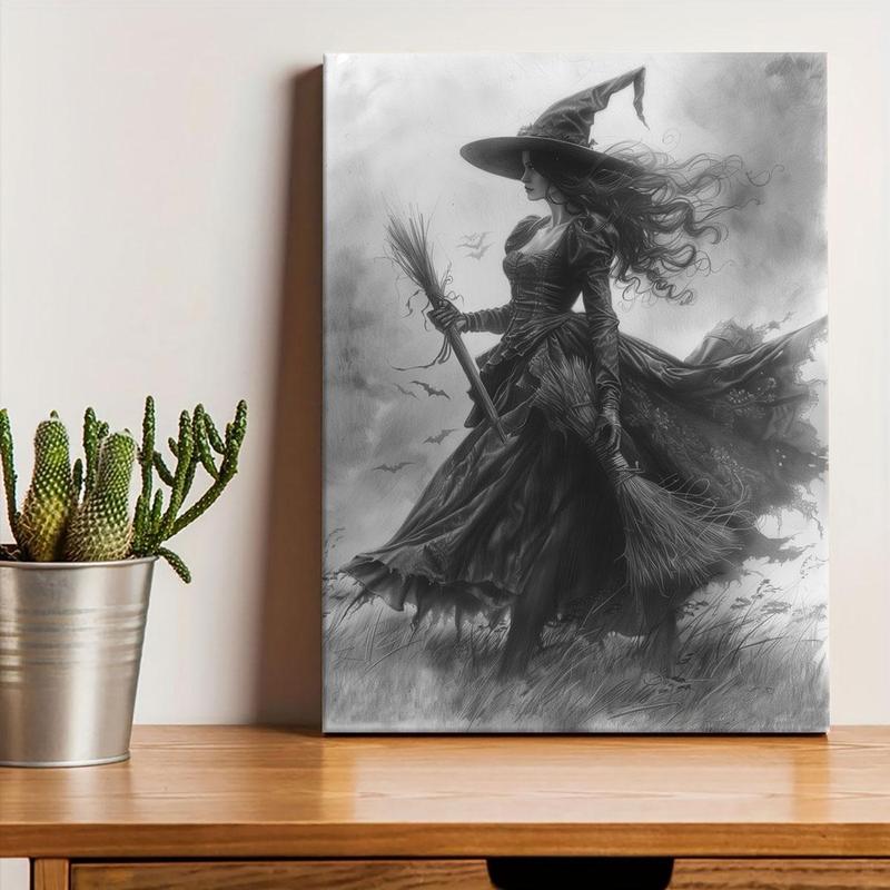 Witch Pattern Framed Painting, 1 Count Creative Canvas Wall Art, Halloween Modern Wall Decor for Home Living Room Bedroom Study Room