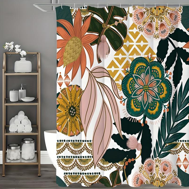 Boho Floral Shower Curtain, Tropical Leaves Fabric Cloth Shower Curtains for Chic Elegant Bathroom Decor, Modern Farmhouse Abstract Colorful Flower Shower Curtain