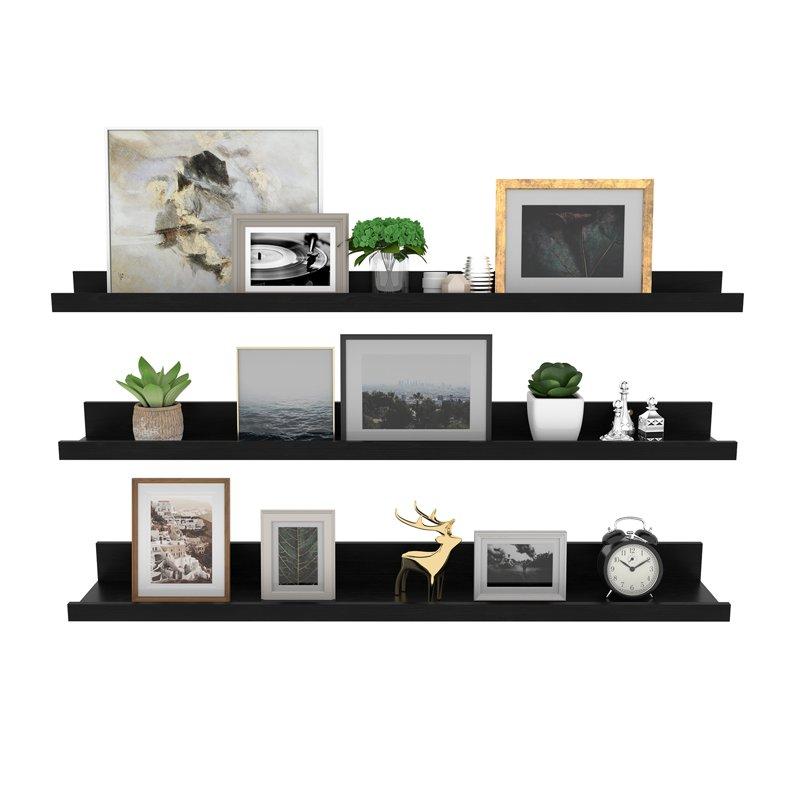 Floating Wall Shelves Picture Display Ledge Set of 3 Black Floating Shelf for Wall Decoration Pack Plant Wooden