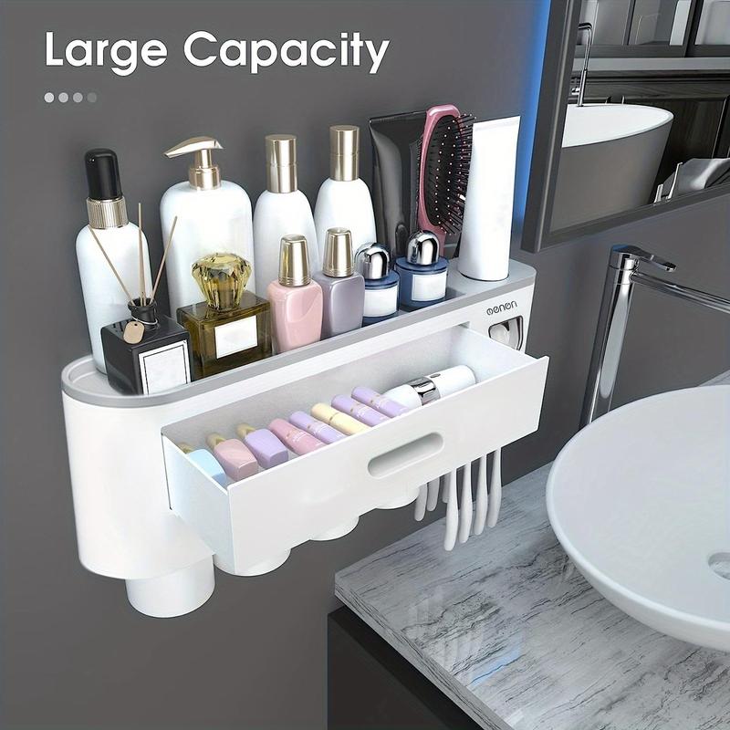 Toothbrush Holder & Mouthwash Cup, 1 Count Wall Mounted Toothbrush Holder with Toothpaste Dispenser & Large Capacity Cosmetic Drawer, Bathroom Organizer for Home Hotel Dormitory Salon