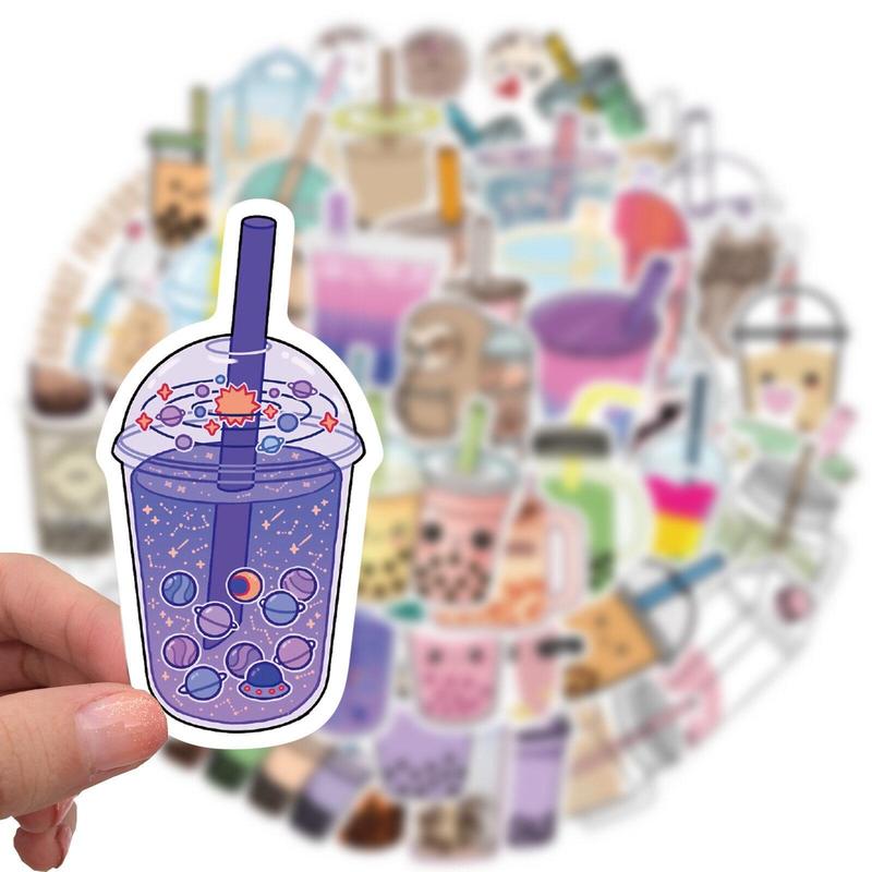 Bubble Tea Pattern Flat Sticker, 50pcs Waterproof Decorative Boba Milk Tea Design Girl's Gift Stickers For DIY Water Bottle, Laptop, Phone, Luggage, Skateboard