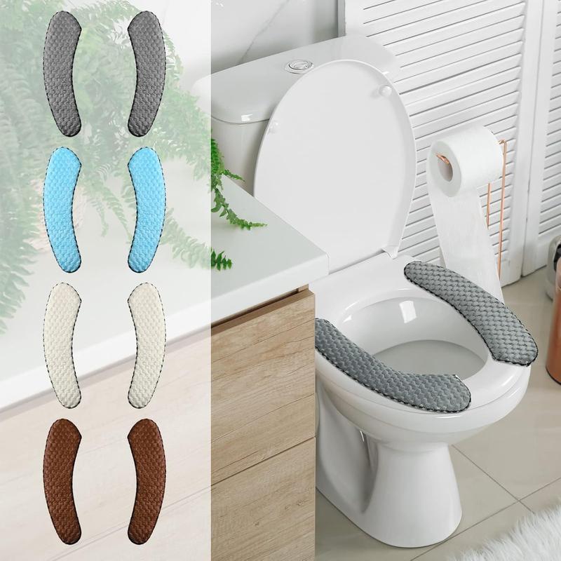 4 Pair Washable Toilet Seat Covers Mat Thick Padded Warm Plush Toilet Seat Cushion with Self Adhesive Tape for Bathroom Nonslip Soft Toilet Cover Home Bathroom Supplies, Grey Brown White Blue