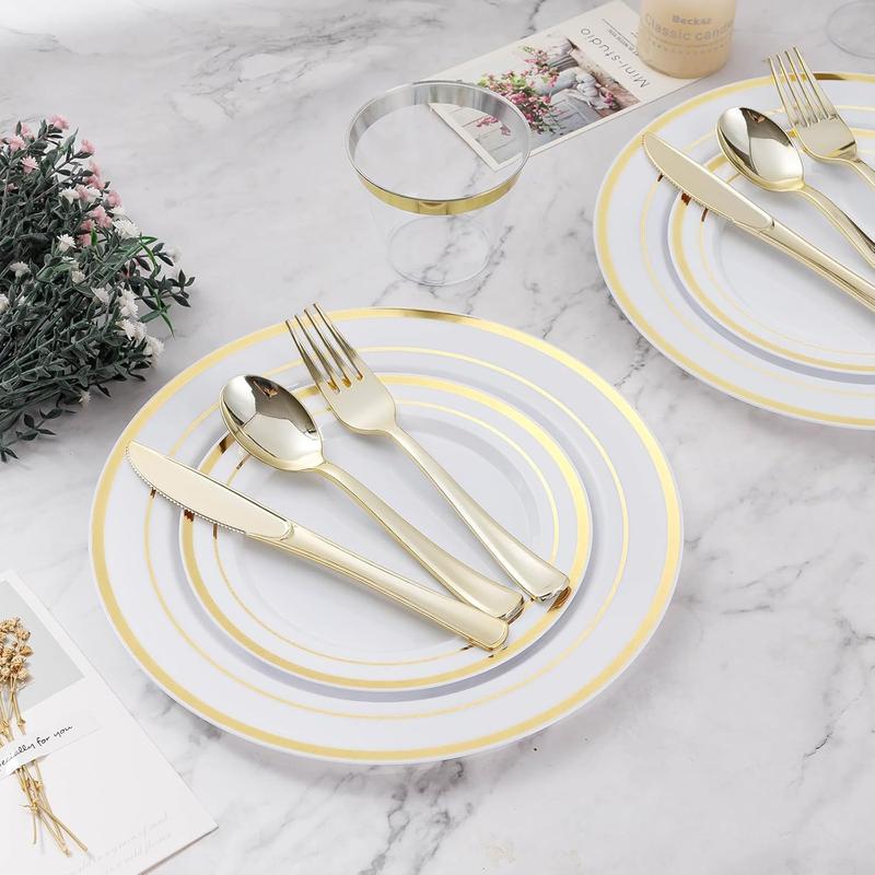 Wellife 600Pcs Guilter Dinnerware Set for 100 Guests, Plastic Plates for Christmas, Party,  100 Gold Disposable Plates, 100 Dessert Plates, 100 Cups, 100 Spoons, 100 Forks and 100 Knives