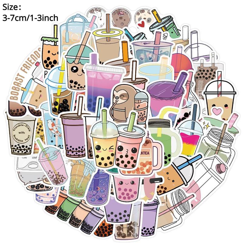 Bubble Tea Pattern Flat Sticker, 50pcs Waterproof Decorative Boba Milk Tea Design Girl's Gift Stickers For DIY Water Bottle, Laptop, Phone, Luggage, Skateboard