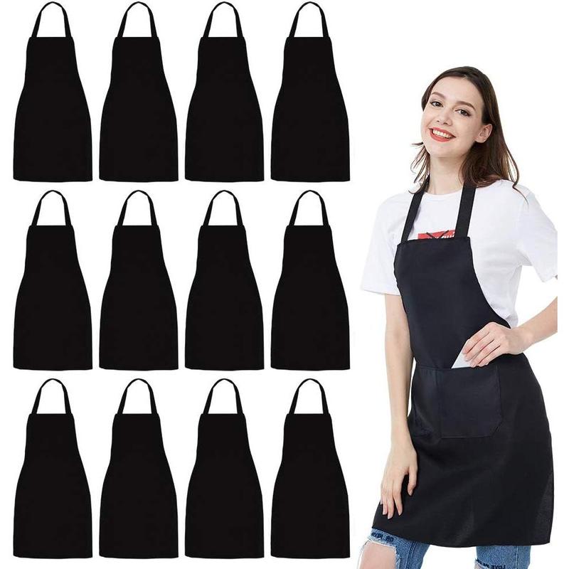 12 Pack Bib Apron - Unisex Black Apron Bulk with 2 Roomy Pockets Machine Washable for Kitchen Crafting BBQ Drawing