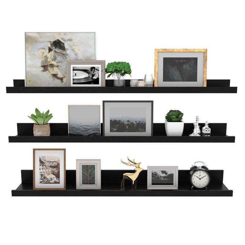 Floating Wall Shelves Picture Display Ledge Set of 3 Black Floating Shelf for Wall Decoration Pack Plant Wooden