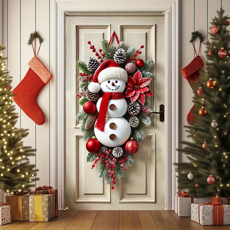 1pc Snowman Wreath Door Curtain, Polyester Holiday Christmas Wall Decor, Indoor Outdoor Use, 35.5x70.4 Inch, No Power Required, Holiday Home and Kitchen Party Supplies, Christmas Novelty Gift