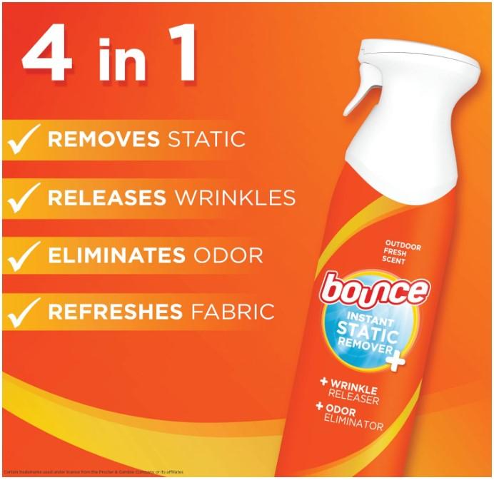 Bounce Anti Static Spray, 3 in 1 Instant Anti Static Spray & Instant Wrinkle Release, Odor Eliminator and Fabric Refresher Spray (9.7 Fl Oz, Pack of 1)