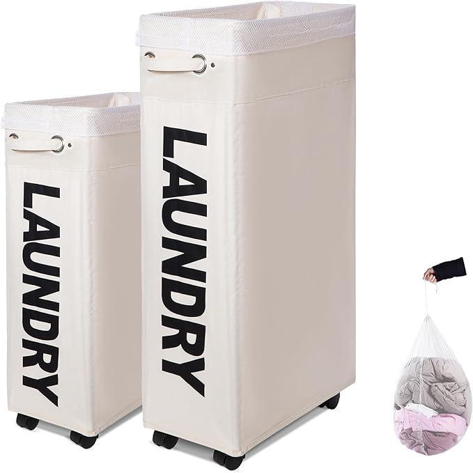 30''-Inch Slim+ Foldable Slim Laundry Basket with Stand and Wheels, Waterproof Tall Thin Hamper for Dirty Clothes, Rolling Organizer and Sorter for Home Corners.