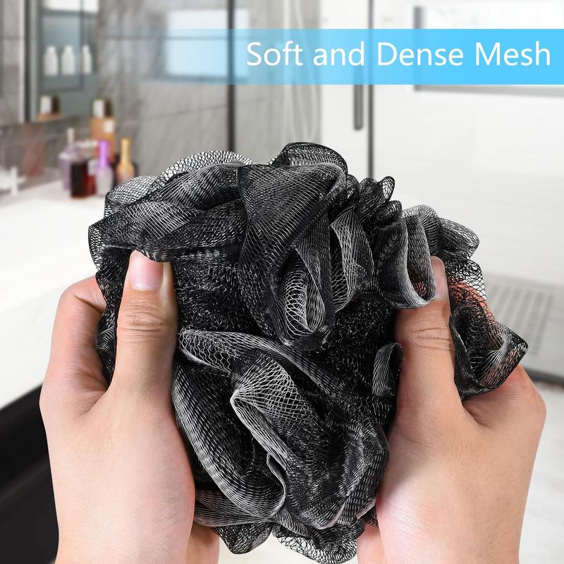 Bath Loofah Sponge, 4 Pack Black 60G Shower Mesh Ball Soft Pouf Body Scrubber, Exfoliate, Cleanse,  Skin, Black Loofah with White Trim